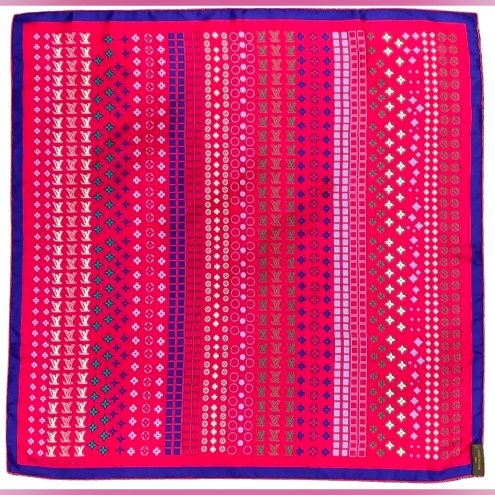 Auth Louis Vuitton Monogram red multicolor Silk Scarf W/Box - Picture 5 of 16